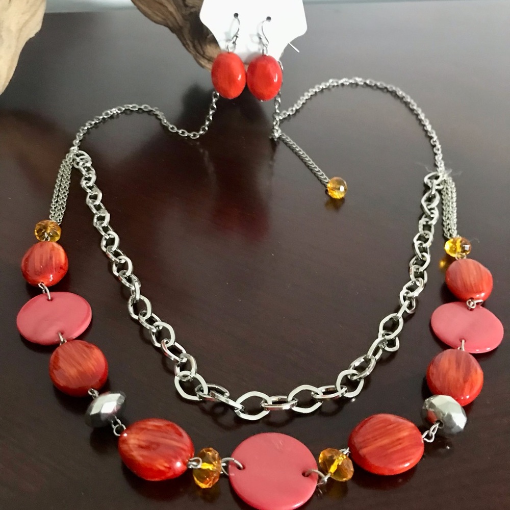 NWT Layering Multi Strand Necklace Earrings Set Earthy Pop Color Beads Silver